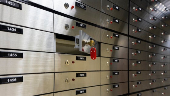 Safety deposit box opened in a bank vault